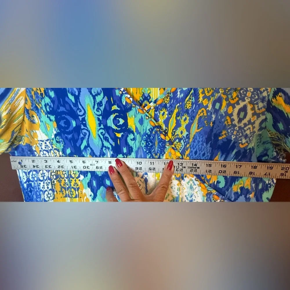 Ruby Rd. Blue and Yellow V neck bead embellished  Graphic Blouse 3/4 Sleeve Sz L - Picture 8 of 9